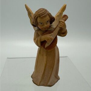 Vtg  3” Hand Carved/Painted Wood Angel Figurine W/Mandolin Depose Italy
